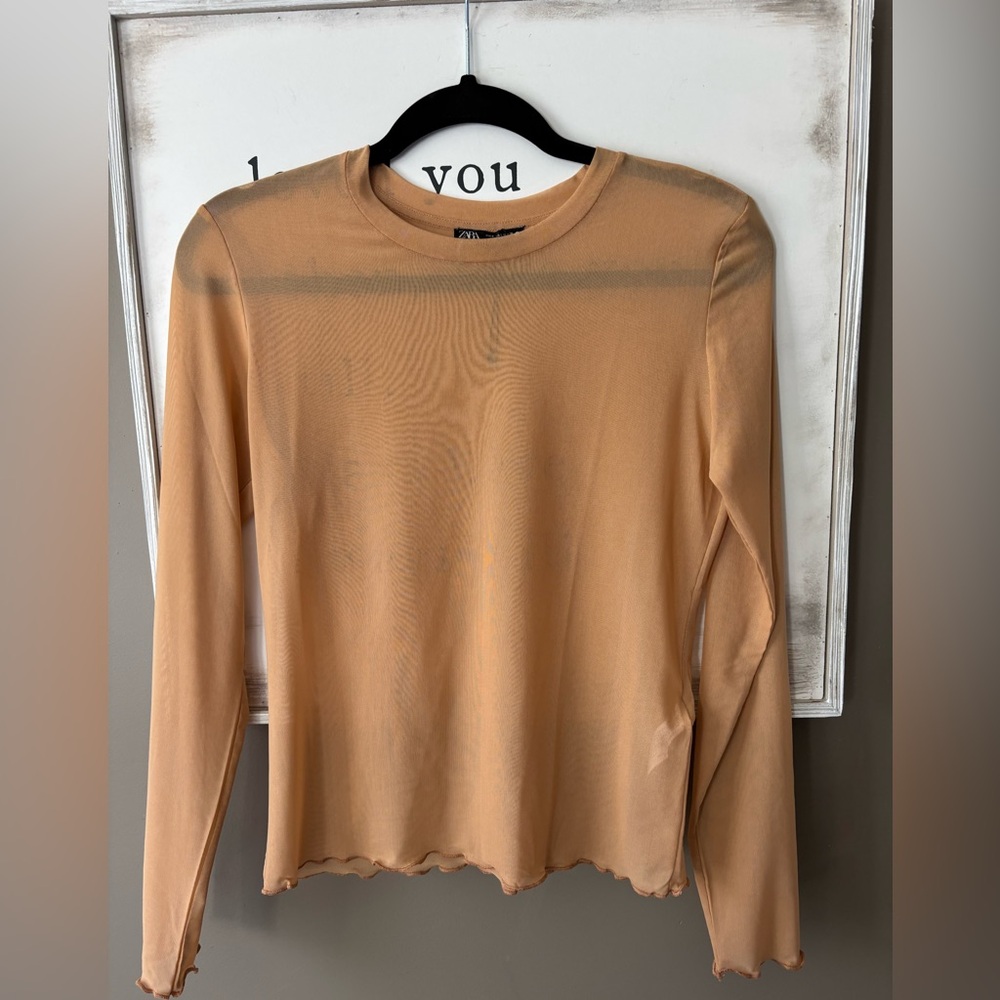 NWT Zara Long Sleeve Sheer Mesh Scoop Neck Top Natural. Warm Sand. Nude.